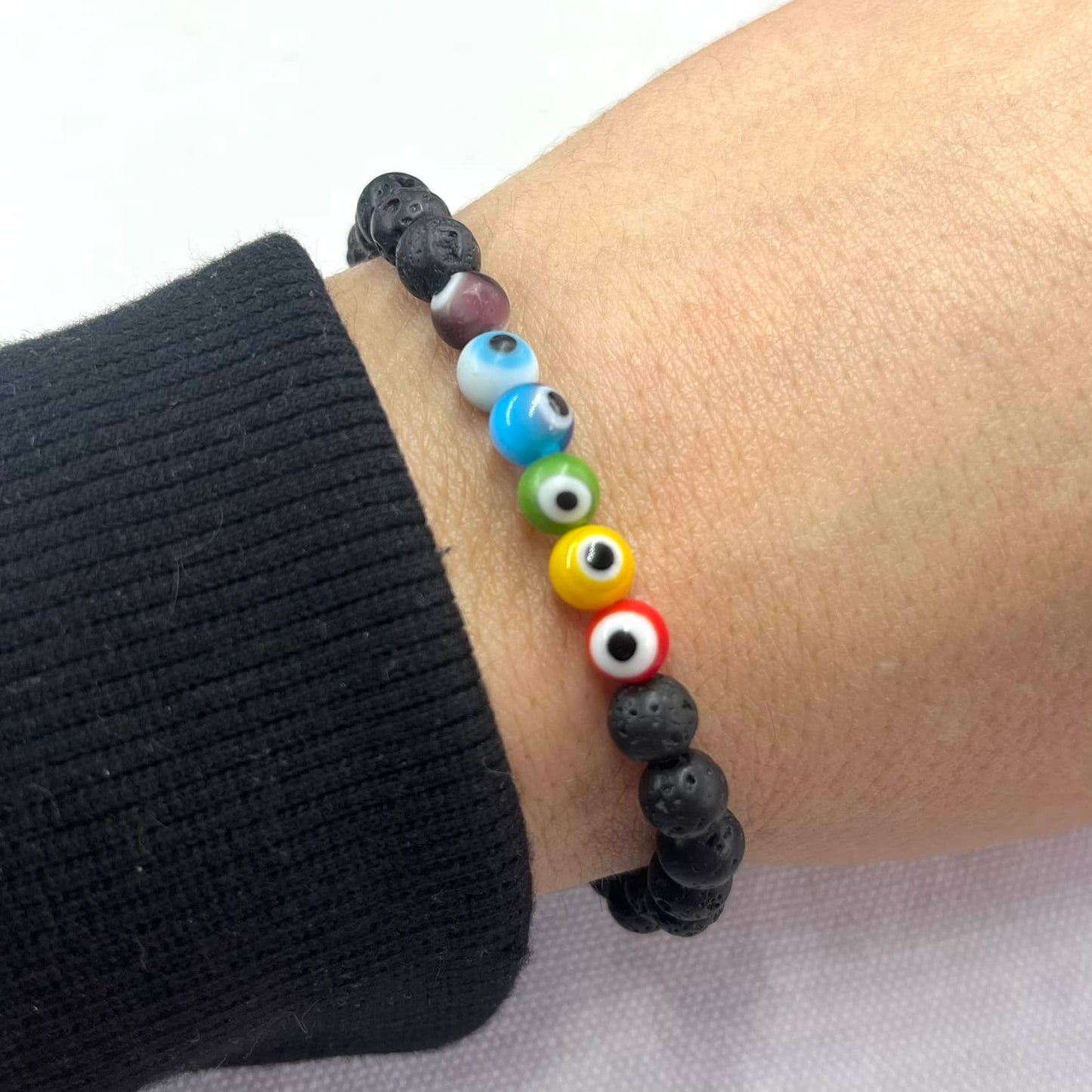 Rainbow Evil Eye Bracelet - Lava Stone